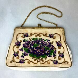 Vintage Purple Floral Embroidered Gold Hardware Chain Handle Handbag